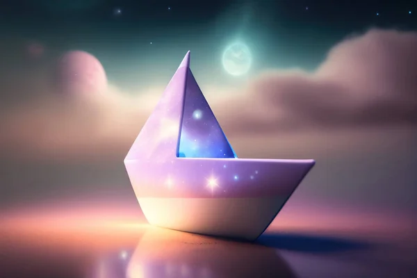 fantasy paper boat sailing in a magic landscape with a big full moon