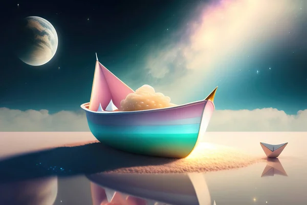 fantasy paper boat sailing in a magic landscape with a big full moon