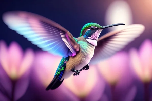 pale pink hummingbird flying in a meadow fantasy background