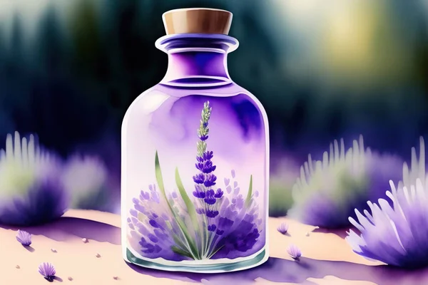 Dry lavender flowers, bottle of essential oil or flavored water, sachet and mortar on white wooden table