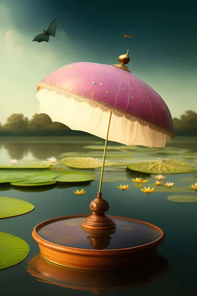 fantasy pond with pink flower and  grass in a calm landscape