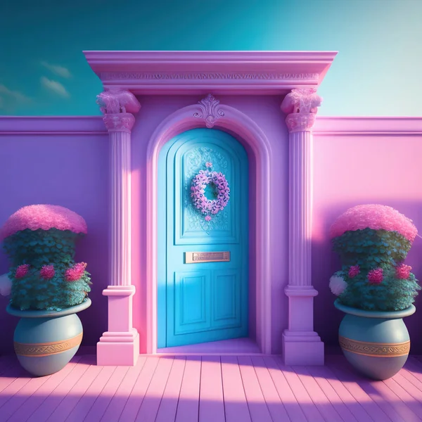pink and blue fantasy door illustration background with flowers colorful
