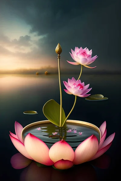 fantasy pond with pink flower and  grass in a calm landscape