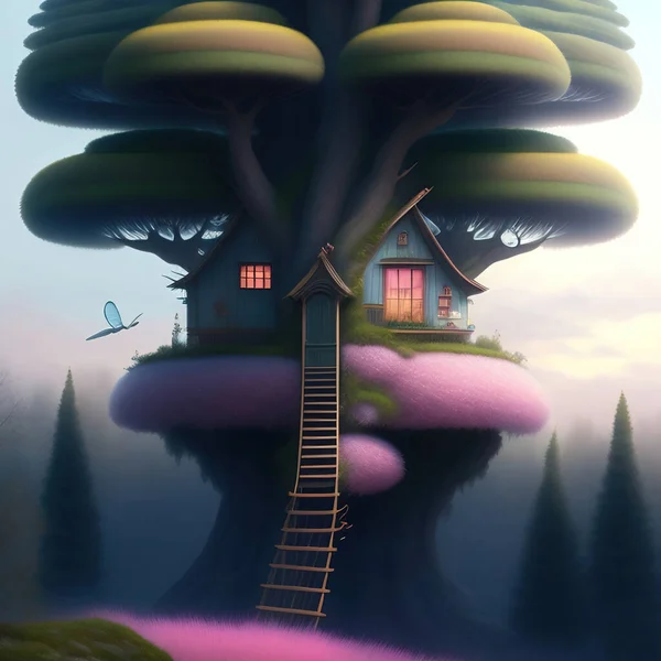 fantasy house of a fairy in a tree for children illustration book