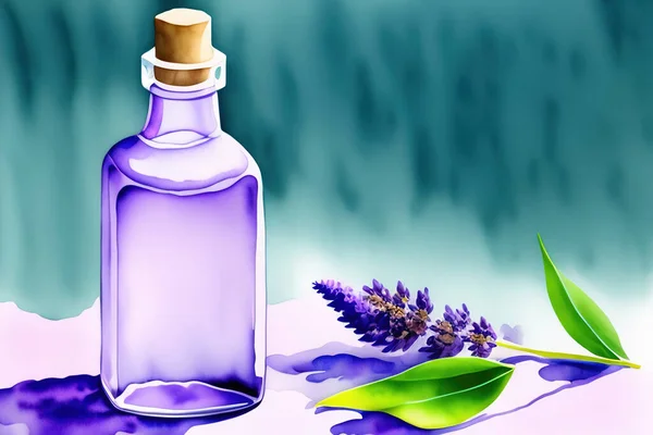 Dry lavender flowers, bottle of essential oil or flavored water, sachet and mortar on white wooden table