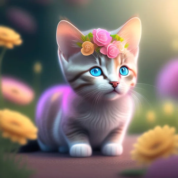 cute cat with flowers in a colorful and beautiful meadow