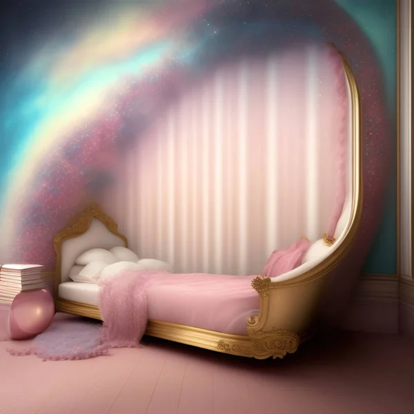 fantasy pink bed with galaxy and flowers background for children book