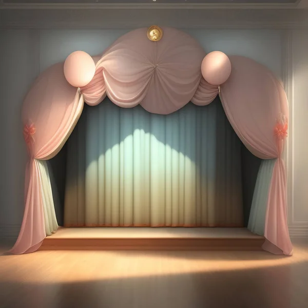 Delicate stage with courtains cute background 3d render illustration. Space for brand promotion product. Creative pink background for advertising presentation