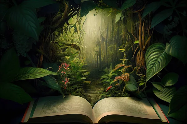 A tropical forest jungle appearing opening a book Eco concept