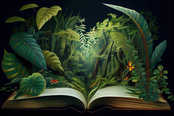 A tropical forest jungle appearing opening a book Eco concept