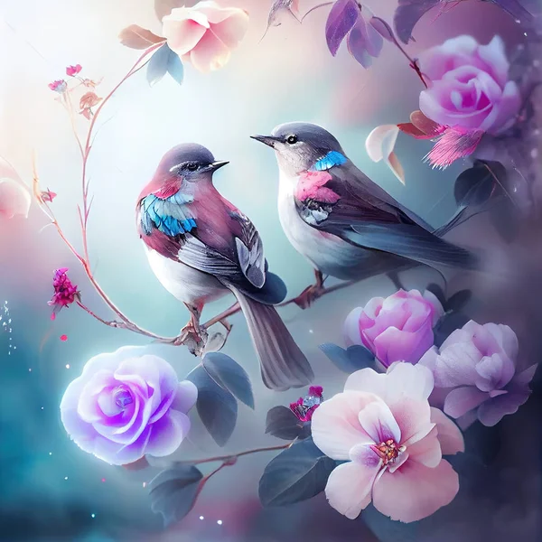 illustration of colorful birds flying with spread wings and shine and flowers