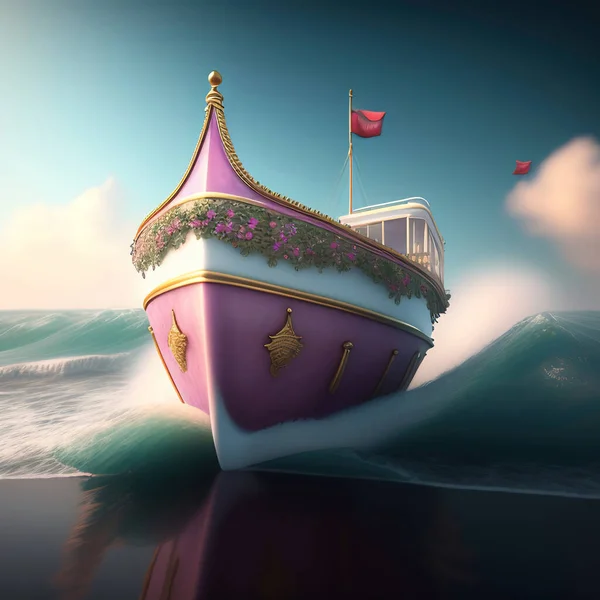 fantasy whimsical pink pastel sailboat at calm sea digital art, illustration