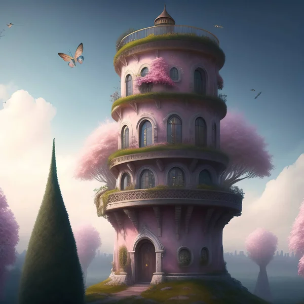 cute tower in a fantasy landscape for a children's story book