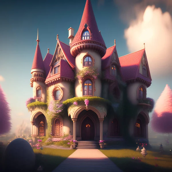 cute house in a fantasy landscape for a children\'s story book