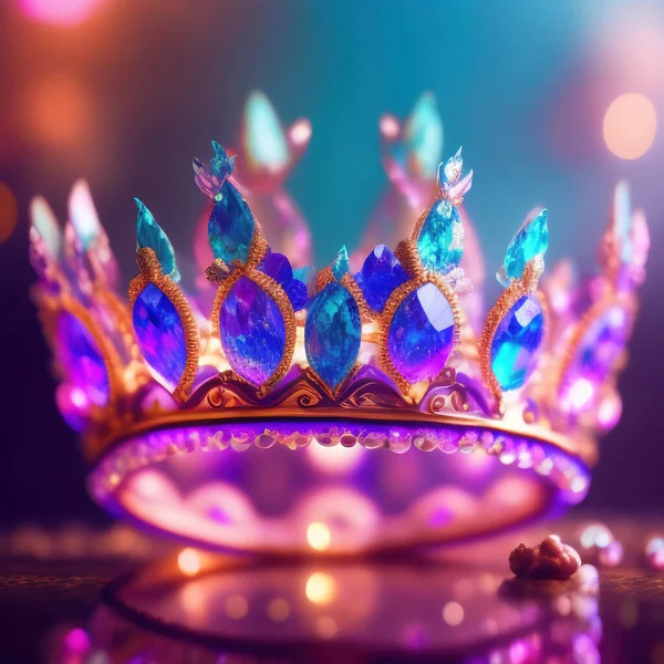 Diamond Crown with jewel encrusted , isolated queen in a on a blurred background