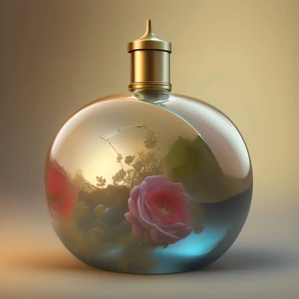 a bottle of perfume with gold decoration and a gold background
