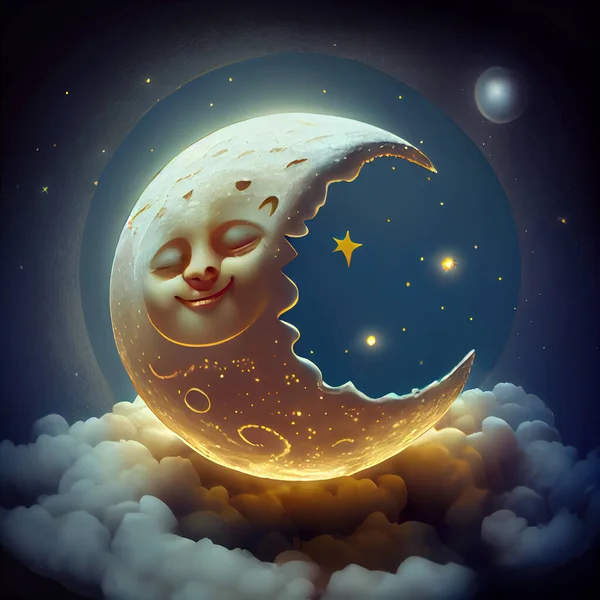 moon smiling above the clouds illustration ideal for children\'s book