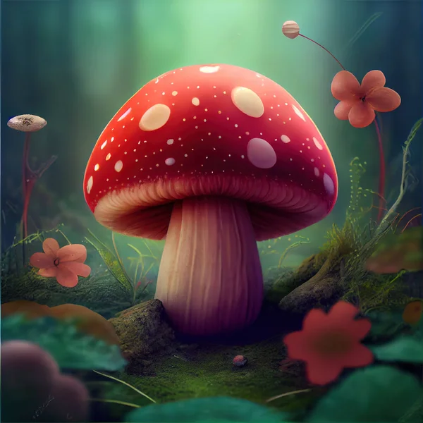 Fantasy enchanted fairy tale magical Mushroom. Beautiful macro shot of magic mushroom, fagic light digital art