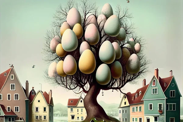 easter eggs in trees with houses in pastel background