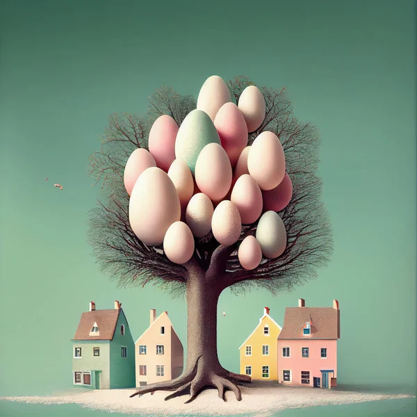 easter eggs in trees with houses in pastel background