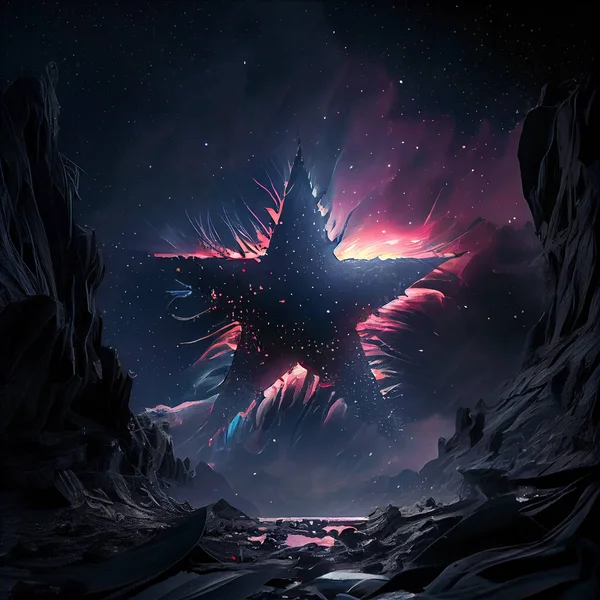fantasy black star floating in a forest with galaxy in the background