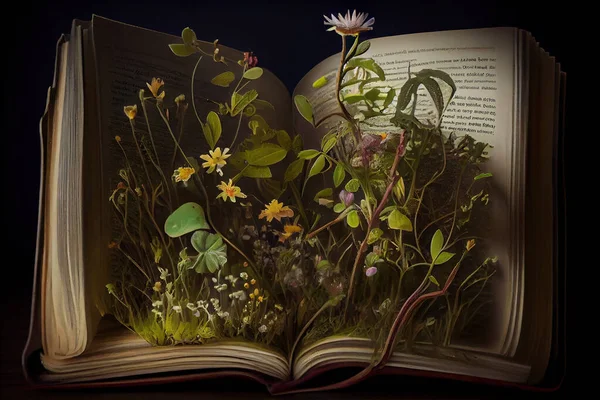 magic book with flowers coming out of it and glowing light