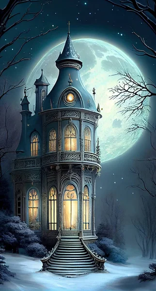 illustration of fantasy landscape in blue with castle moon and stars