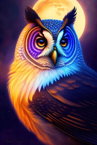 Painted owl with moon and glitter technique on colorful background