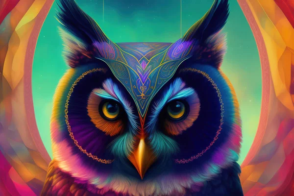 Painted owl with moon and glitter technique on colorful background