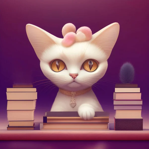 A fantasy cat with books and a beautiful magical fairy tale enchanted room