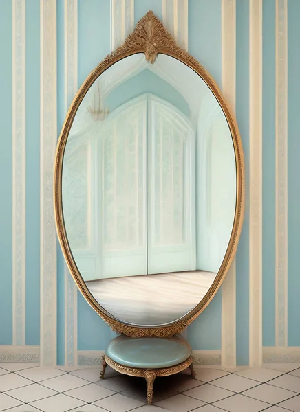 Magic mirror in a fantasy room with dim light and golden tones
