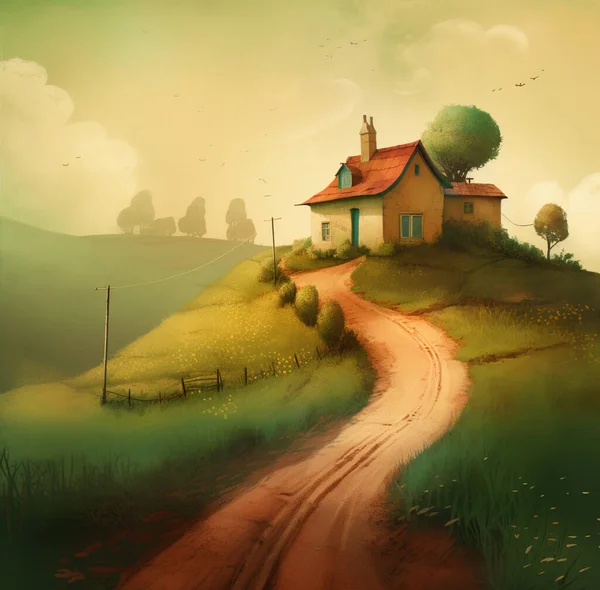 Morning in a village house on a hill and lush grass. Cartoon picture of rural scene