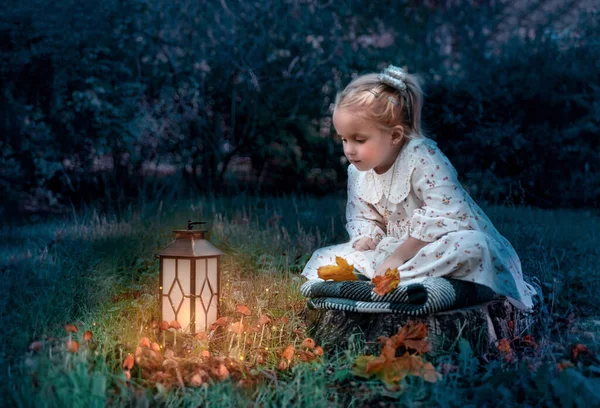 秋の森の中に提灯を持った可愛い女の子 — ストック写真
