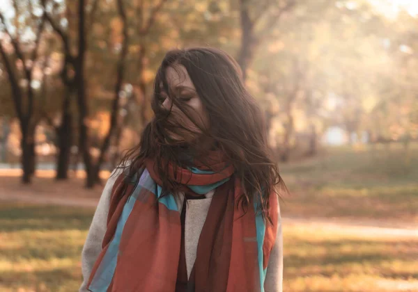 Portrait Tender Sensitive Woman Backdrop Autumn Landscape Autumn Leaves Park — Stock Photo, Image