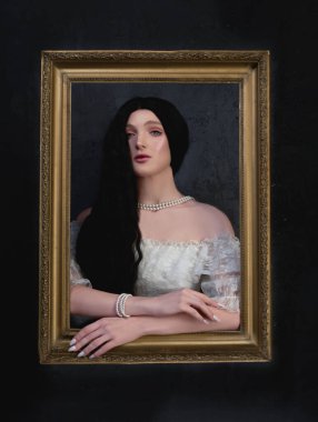 19. yüzyıldan kalma esmer, beyaz elbiseli, resim çerçeveli genç bir kız. Stüdyo çekimi.