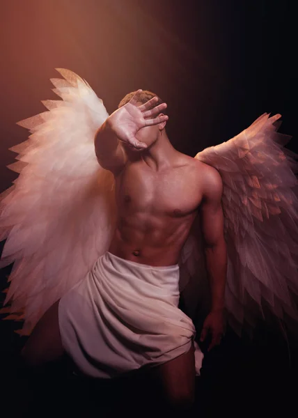 Young Strong Angel White Wings Heaven Angel Muscular Body Sensual — Stock Photo, Image