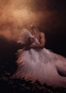 Cennetten gelen beyaz kanatlı genç ve güçlü bir melek. Kaslı vücutlu bir melek. Şehvetli adam.