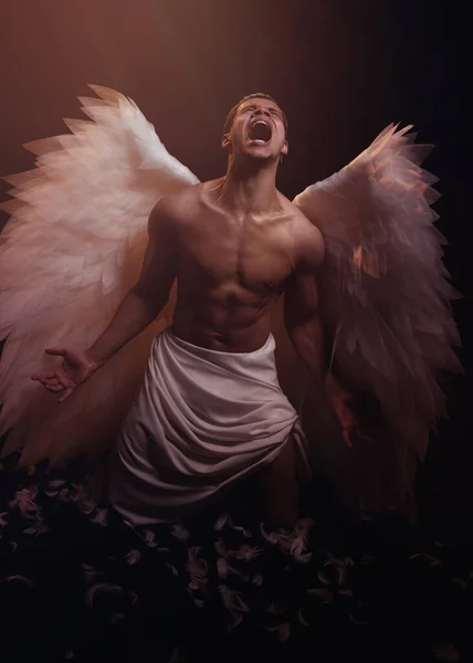 Junger Starker Engel Mit Weißen Flügeln Vom Himmel Engel Mit lizenzfreie Stockbilder
