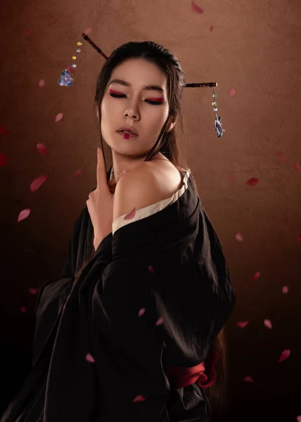 Samurai Wanita Jepang Mengenakan Kimono Pada Latar Belakang Coklat Dan — Stok Foto