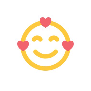 Gülümseme ikonu, aşkta mutlu yüz, gülen emoji, kalpli sarı çıkartma. Vektör düz çizim. Aşk simgesi.