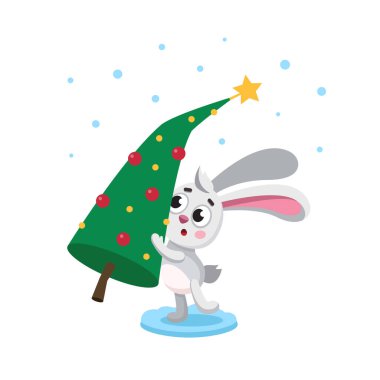 Tavşan burcunun yılı. Tavşanın içinde Noel ağacı var. Noel, Çin 'in yeni yıl illüstrasyonu. Ay 'ın yeni yılının sembolü. Vektör çizgi film tavşanı. Karakter, maskot, sembol, Çin Yeni Yılı işareti.