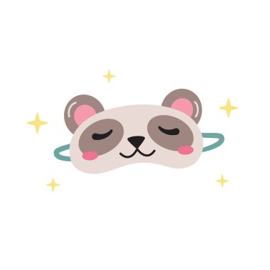 Çocuklar uyku maskesi. Şirin panda maskesi. Renkli vektör çizimi. Çocuklar için mutlu panda maskesi. Düz biçim illüstrasyonu