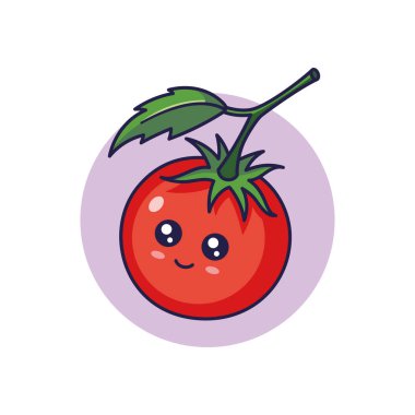 Şirin Kawaii Domates çizgi film ikonu çizimi. Sebzeli düz ikon konsepti beyaz arka planda izole edildi. Domates karakteri, Doodle tarzında bir maskot. Çocuk kıyafetleri için baskı.