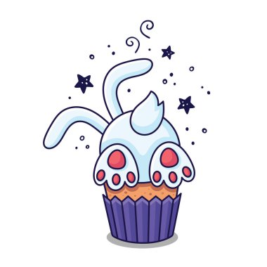 Easter cake - rabbit with ears in cartoon style. Easter bakery with bunny character. Hand drawn Easter hare character. Flat design. Doodle style. Illustration isolated on white background.