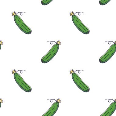 Cute Cucumber seamless pattern in doodle style.. Vector hand drawn cartoon Cucumber illustration. Hand drawn Sketch of Cucumber. Pattern for kids clothes.