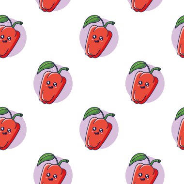 Cute Kawaii Red Bell Pepper seamless pattern in doodle style. Vector hand drawn cartoon Red Bell Pepper illustration. Hand drawn Sketch of Bell Pepper. Pattern for kids clothes.