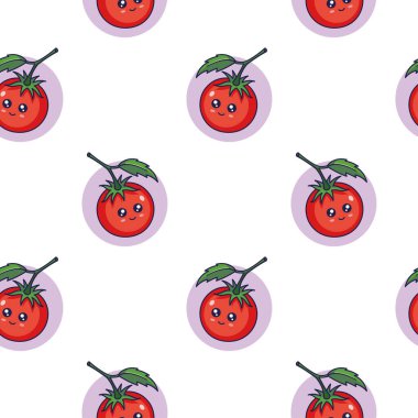 Cute Kawaii Red Tomato seamless pattern in doodle style. Vector hand drawn cartoon Tomato illustration. Hand drawn Sketch of Tomato. Pattern for kids clothes.