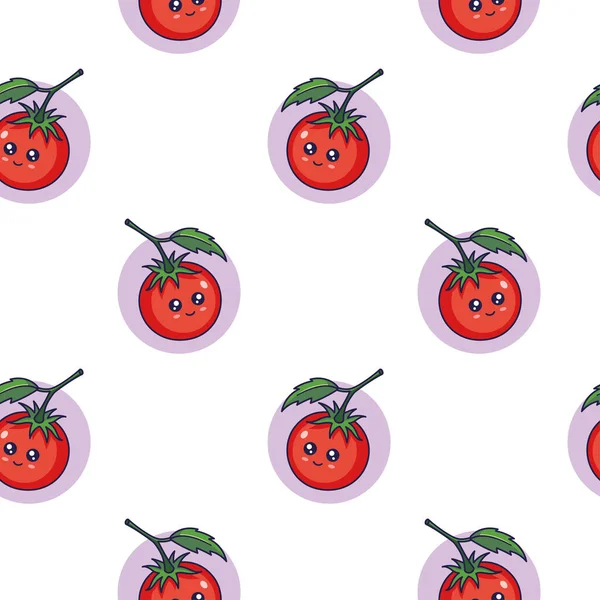 Cute Kawaii Red Tomato Seamless Pattern Doodle Style Vector Hand — Vetor de Stock