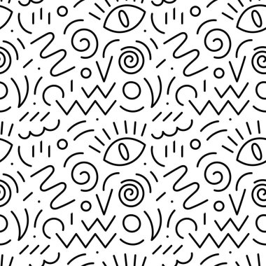 90 'ların pürüzsüz çizgileri. Soyut geometrik şekiller kusursuz desenler. Vektör El çeşitli şekiller ve karalama nesneleri çizdi. Soyut çağdaş modern tarz. Renkli tüm resimleme.