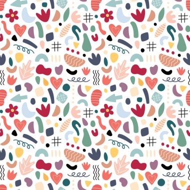 Soyut geometrik şekiller kusursuz desenler. Vektör El çeşitli şekiller ve karalama nesneleri çizdi. Soyut çağdaş modern tarz. Renkli bir illüstrasyon. Damga dokusu.